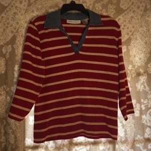 Red and White Stripped Denim Collared Sweater